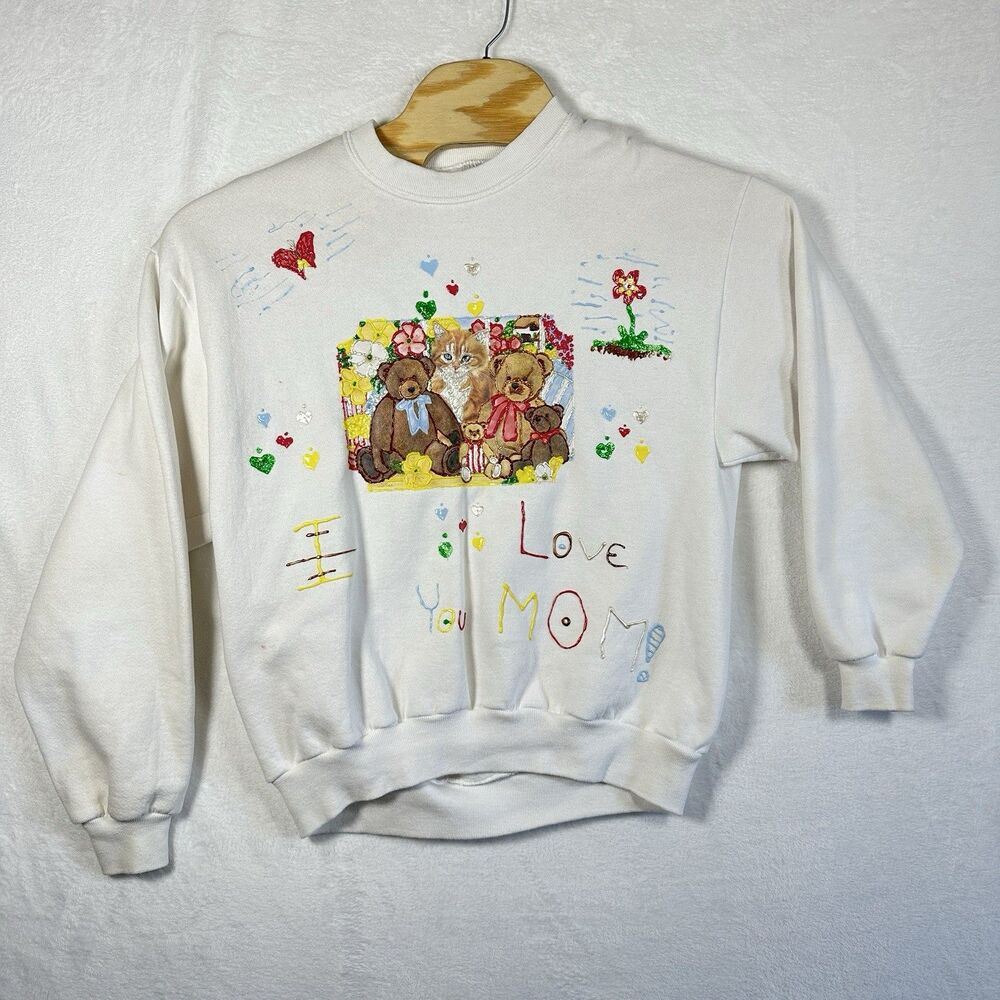 Vintage Jerzees Large Custom Sweater Made In USA Teddy Bear I Love You Mom‎